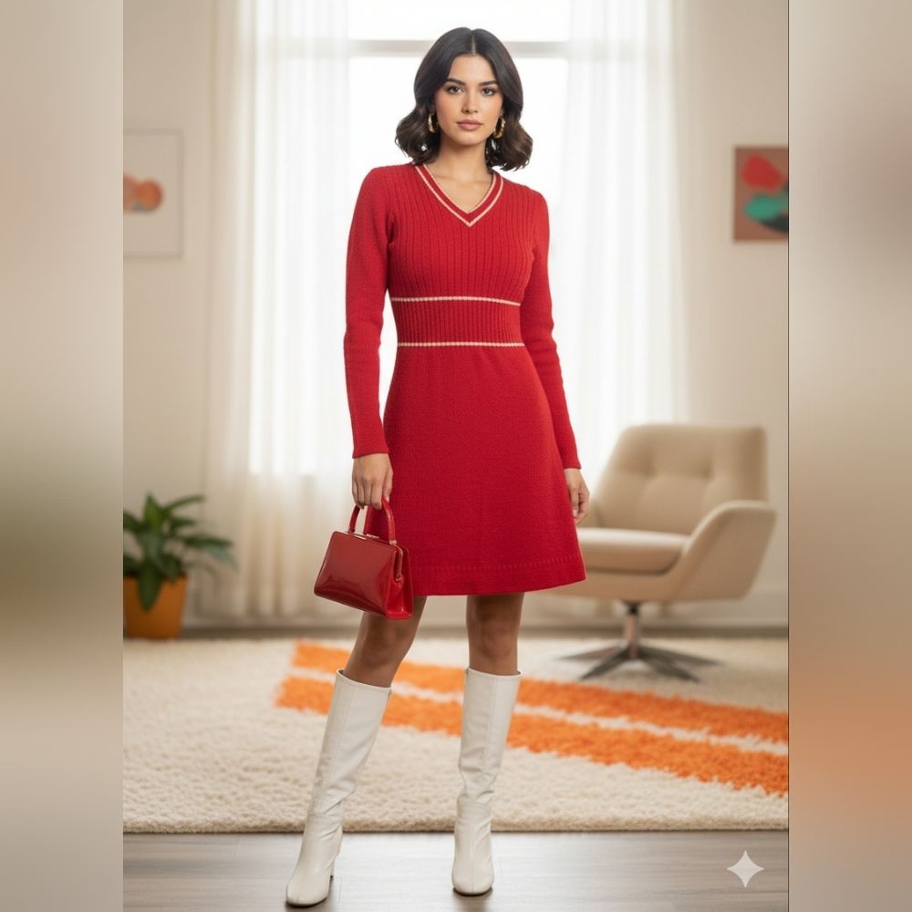 1970s Elegant Bargello Red Knit Dress